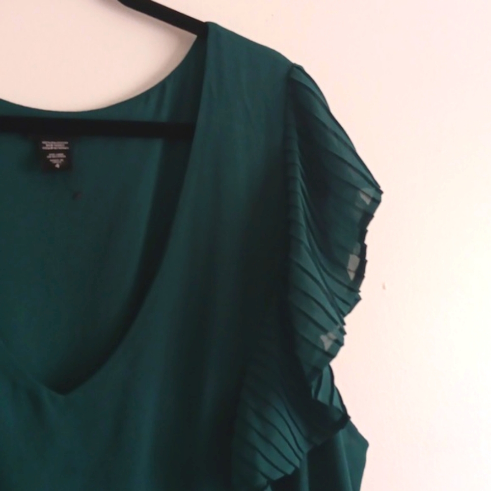 Teal V-Neck Pleated Flutter Sleeve Women's Top - Picture 2 of 7